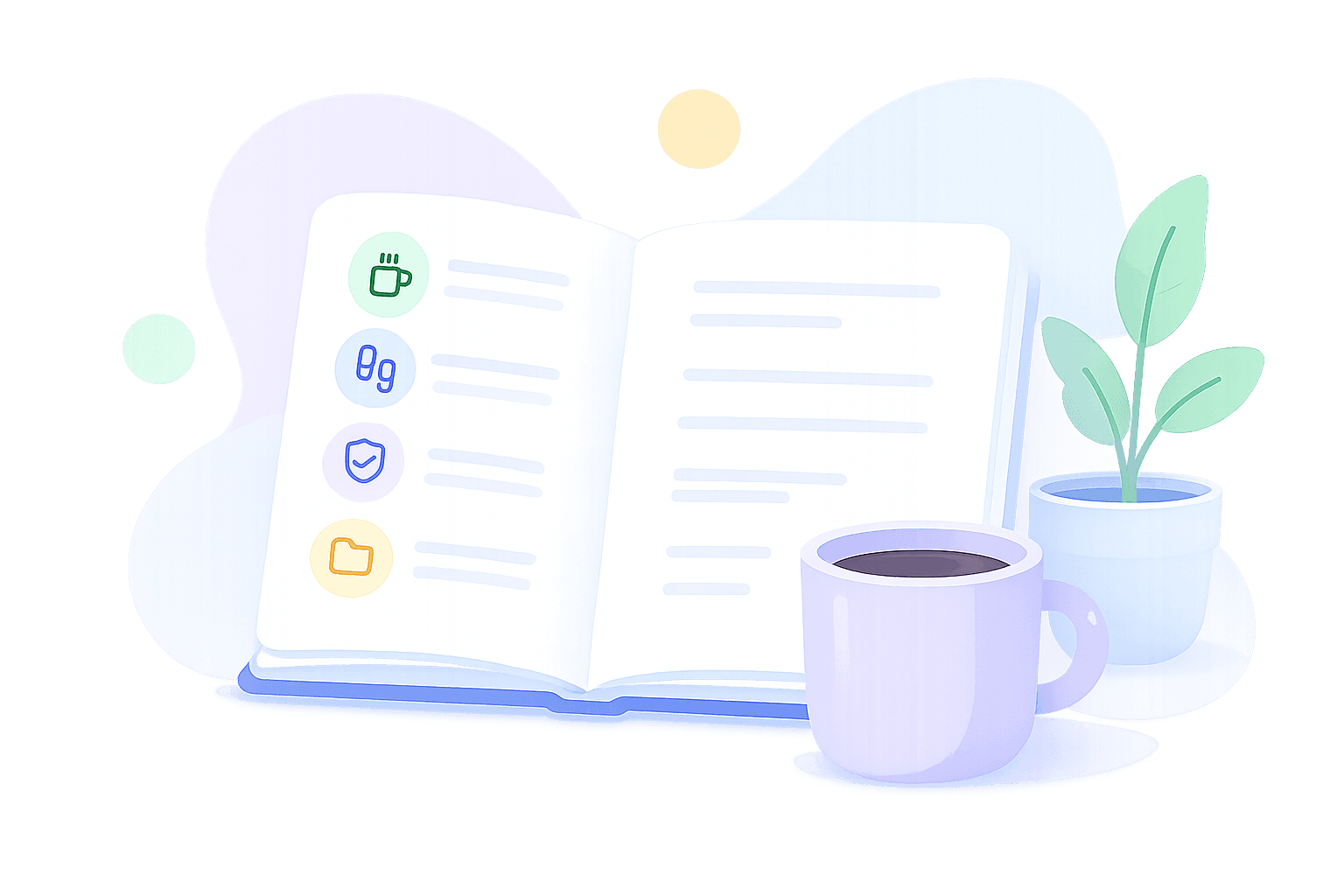 An open guide book with learning notes, a cup and a plant