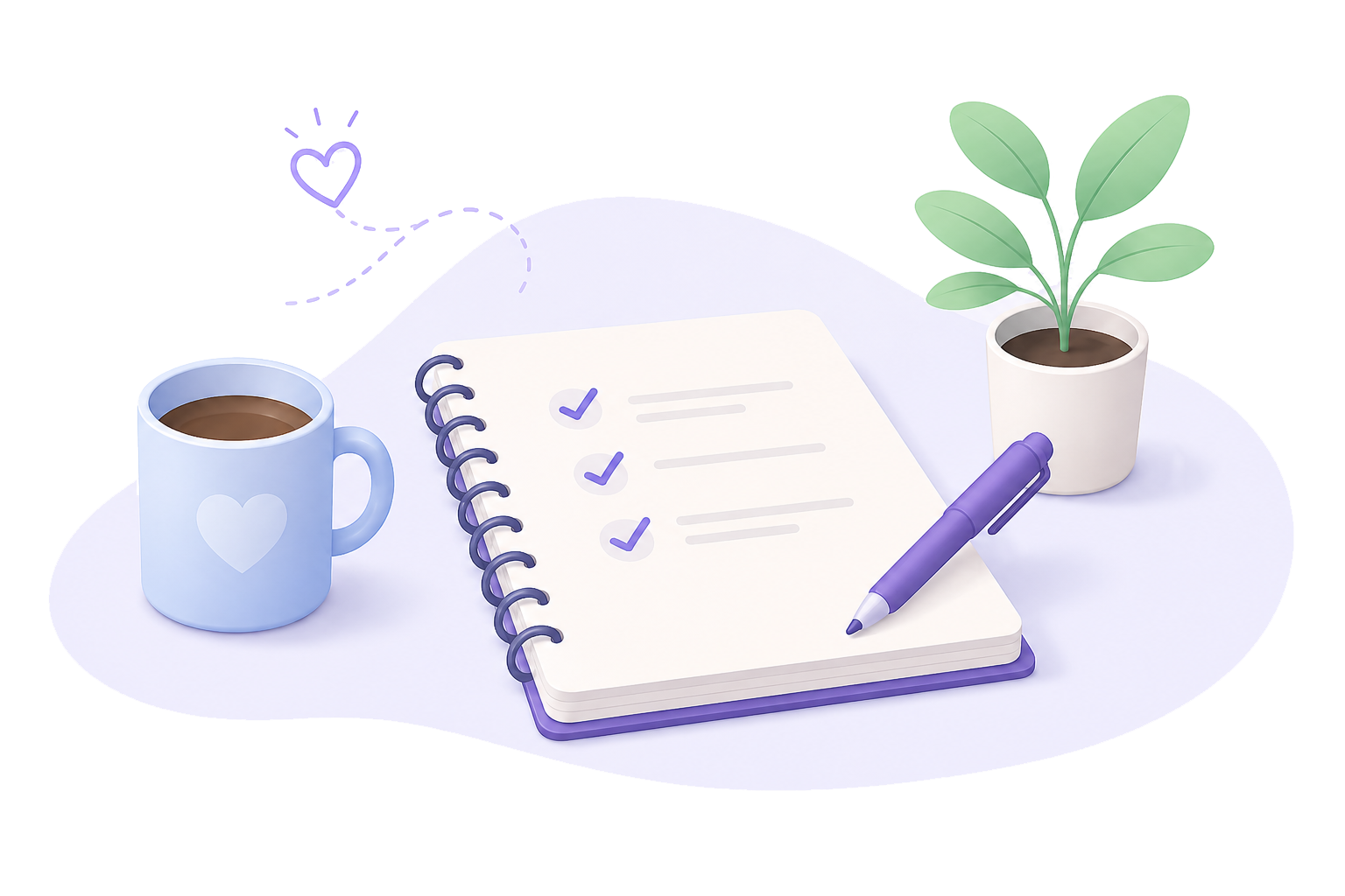 Notebook, mug and plant illustration