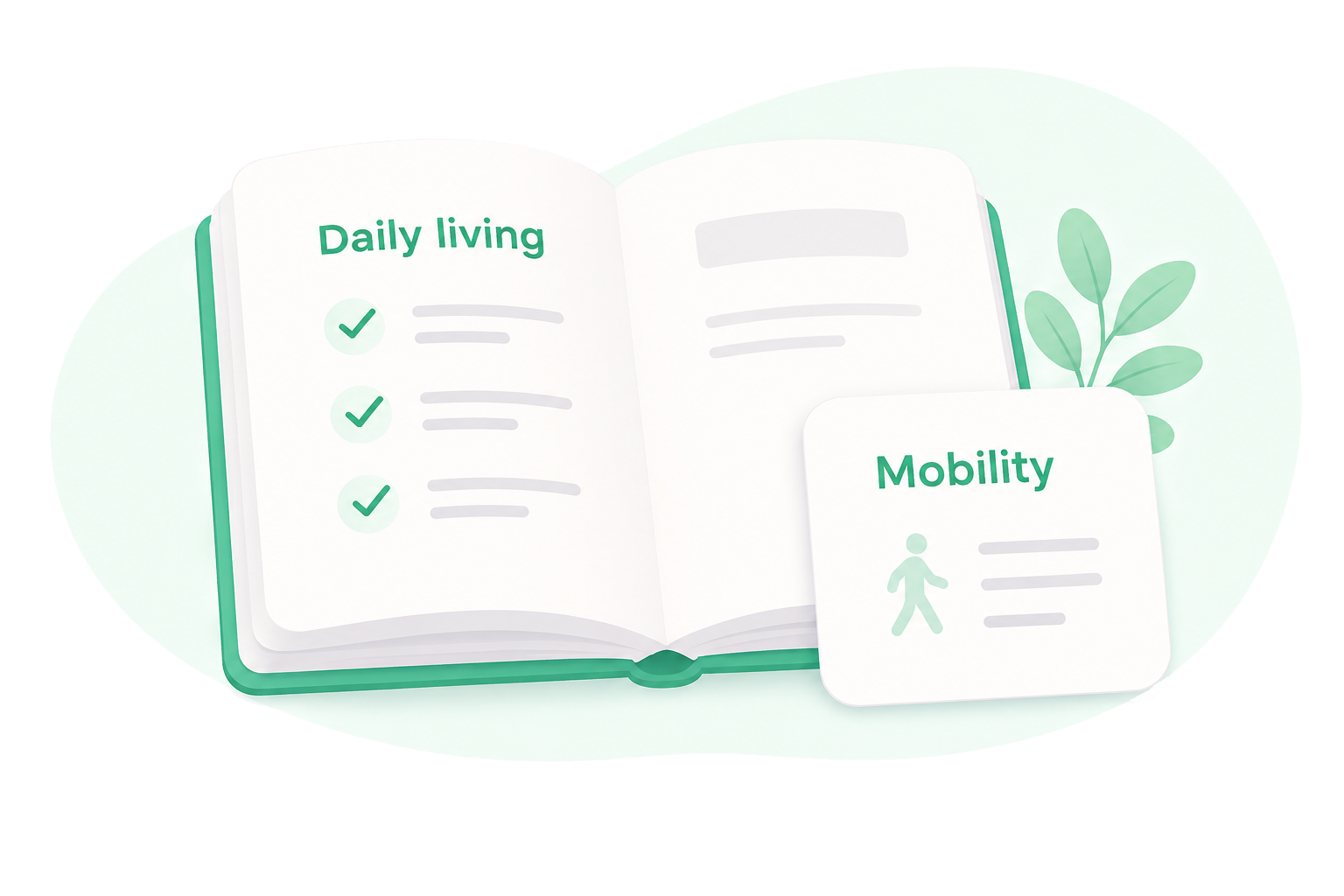 Open guidebook showing daily living and mobility